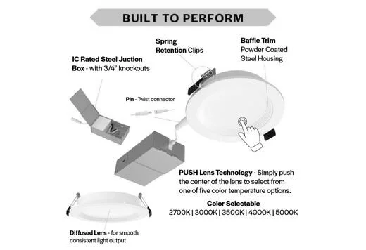 Halco Push Lens Slim Downlight, 6", Color Selectable 2700K/3000K/3500K/4000K/5000K, Baffle Trim, 120V - view 4