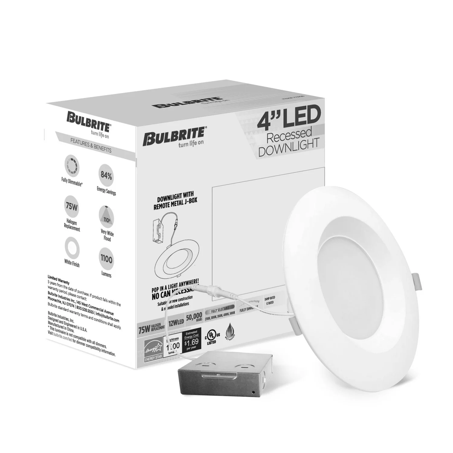 LED 4" Round Recessed Downlight Fixture With Metal Jbox, 75W Equivalent, 5 CCT - 27/30/35/40/50K - view 2