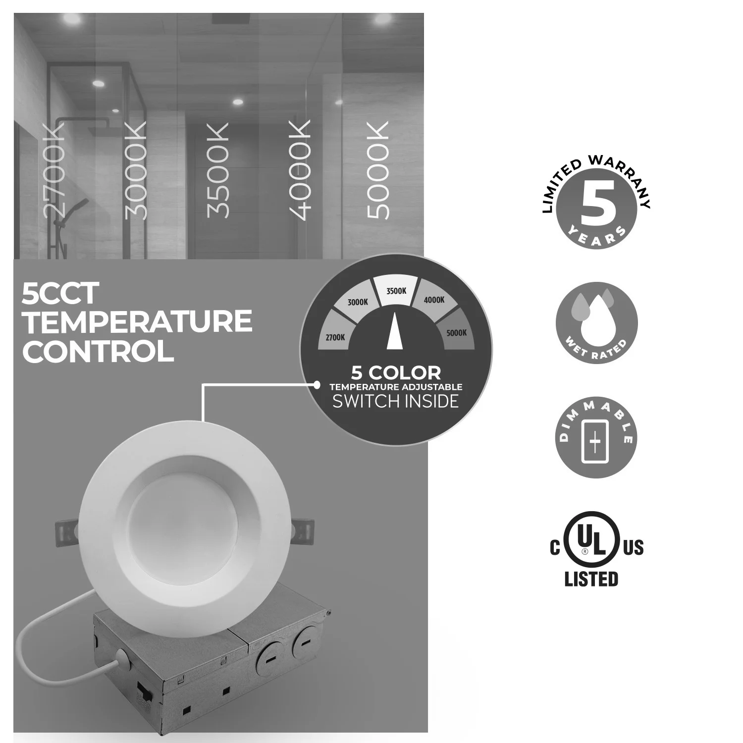 LED 4" Round Recessed Downlight Fixture With Metal Jbox, 75W Equivalent, 5 CCT - 27/30/35/40/50K - view 3