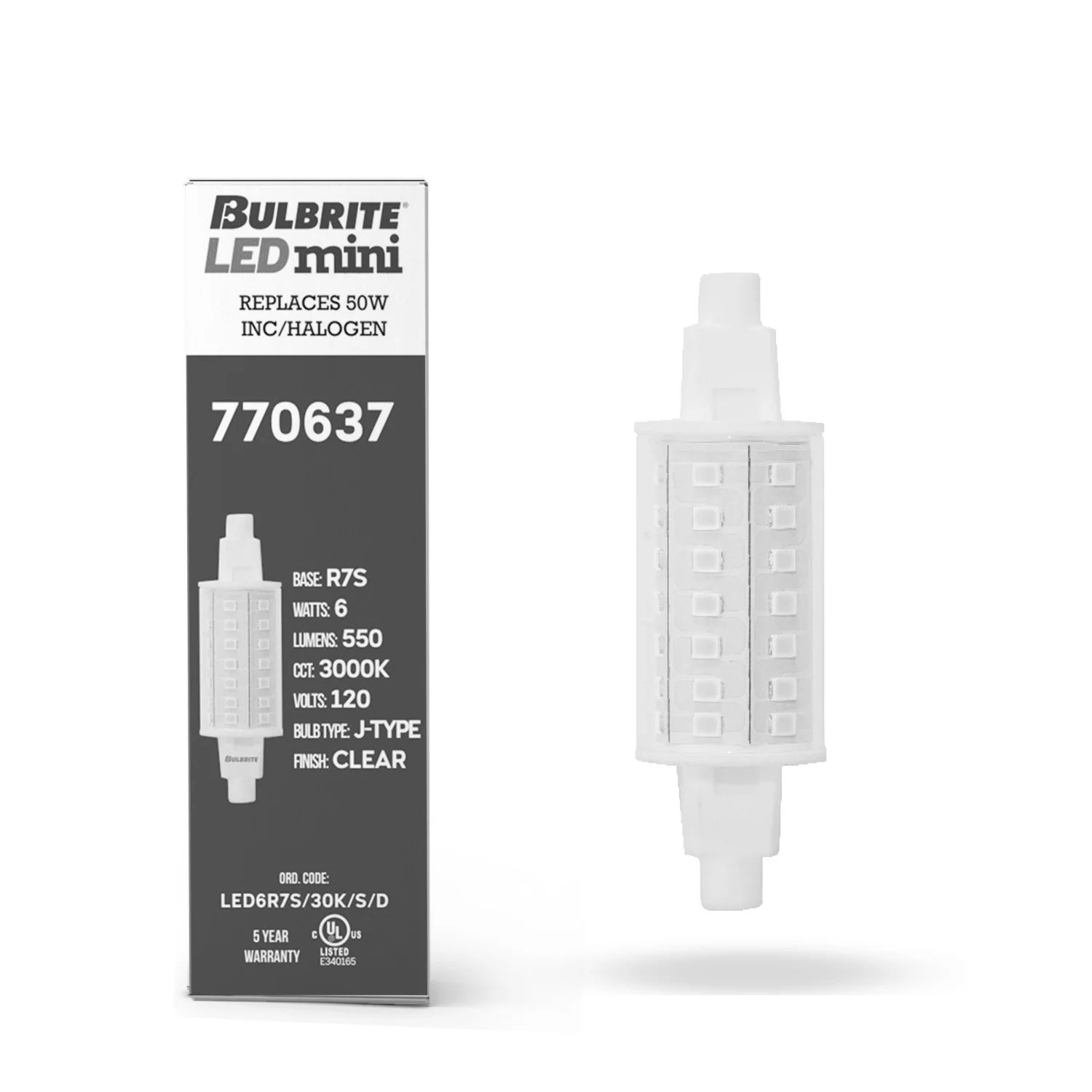 LED 6 W J-Type Light Bulb With A Clear Finish And Recessed Single Contact R7s Base - 3000K (Soft White Light) 550 Lumens