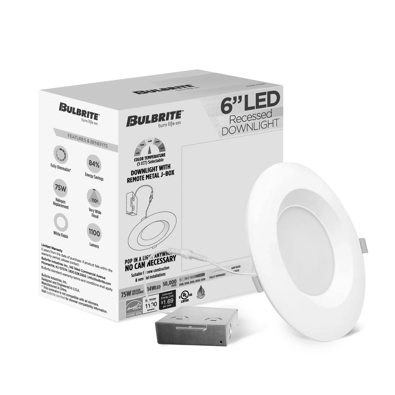 LED 6" Round Recessed Downlight Fixture With Metal Jbox, 75W Equivalent, 5 CCT - 27/30/35/40/50K - view 2