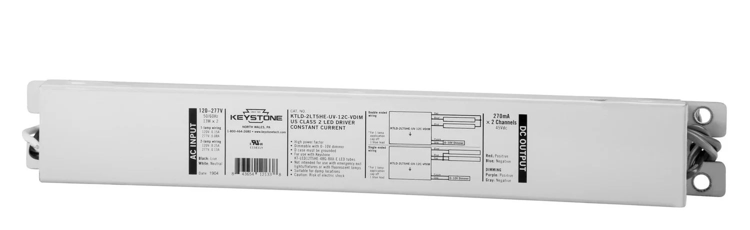 LED Driver for External Drive Type C LED tubes, Runs 1 or 2 of the KT-LED12T5HE-48G-8xx-E / G2 lamps, 120-277V Input, 0