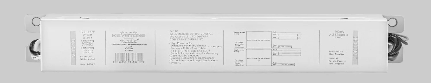 LED Driver for External Drive Type C LED tubes, Runs 1 or 2 of the KT-LED10T5HE-36G-8xx-E / G2 lamps, 120-277V Input, 0