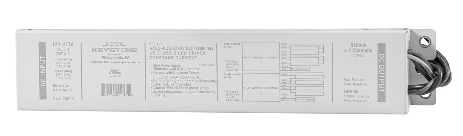 LED Driver for External Drive Type C LED tubes, Runs 3 or 4 of the KT-LED22T5HO-48G-8xx-E / G2 lamps, 120-277V Input, 0
