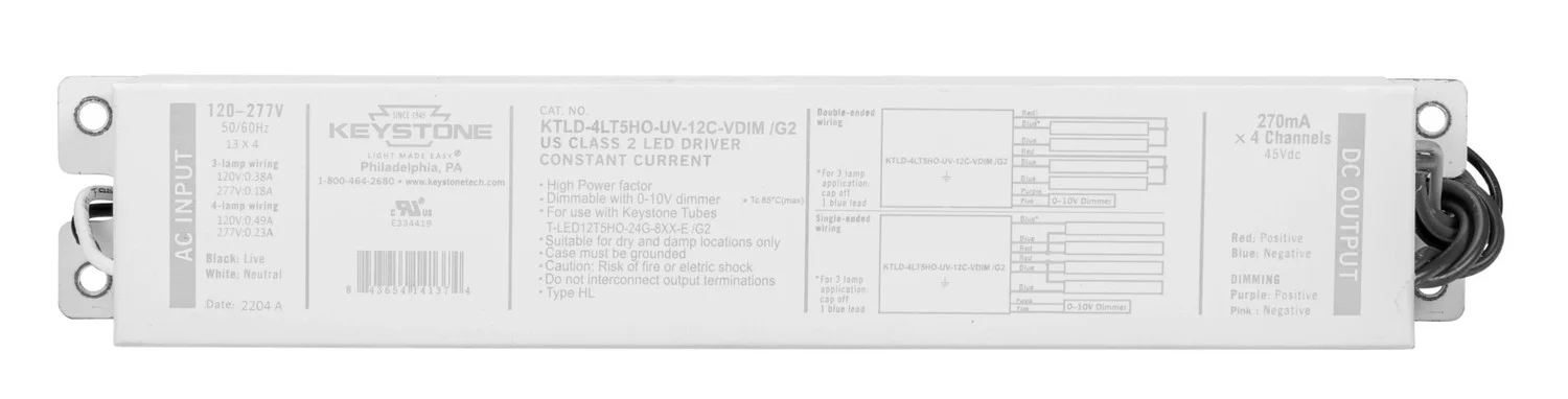 LED Driver for External Drive Type C LED tubes, Runs 3 or 4 of the KT-LED12T5HO-24G-8xx-E / G2 lamps, 120-277V Input, 0