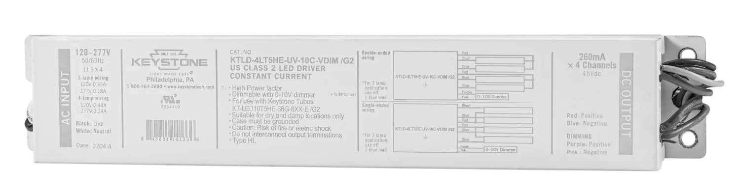 LED Driver for External Drive Type C LED tubes, Runs 3 or 4 of the KT-LED10T5HE-36G-8xx-E / G2 lamps, 120-277V Input, 0
