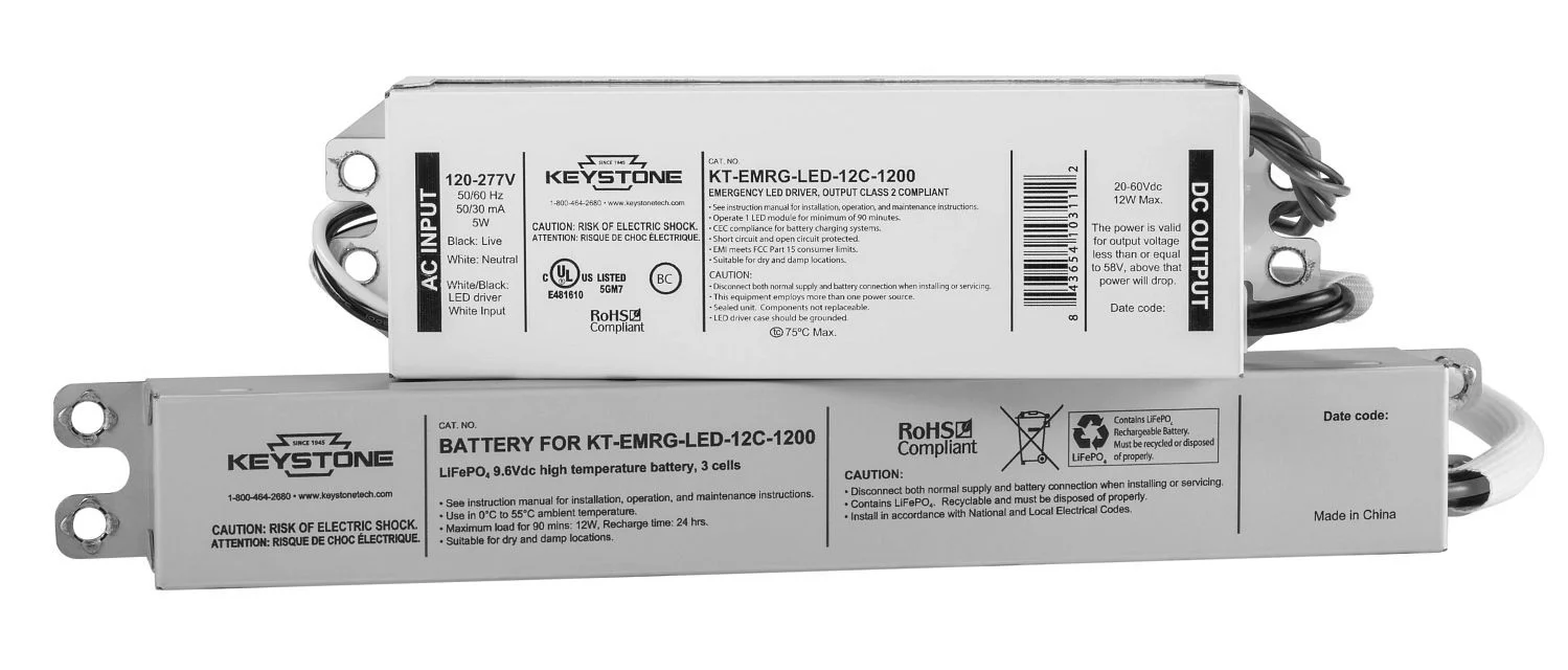 LED Emergency Back-Up, 12W Constant Wattage Design. Approx 1200 Lumens. 120-277V Input. Remote Compact Battery Pack. CEC