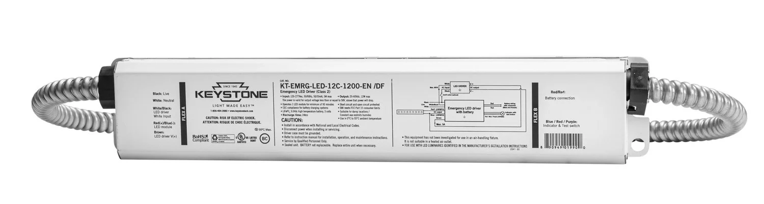 LED Emergency Back-Up, One Piece 12W Constant Wattage Design, Approx 1200 Lumens. Dual Flex Cables, 90 Min Operation, 12