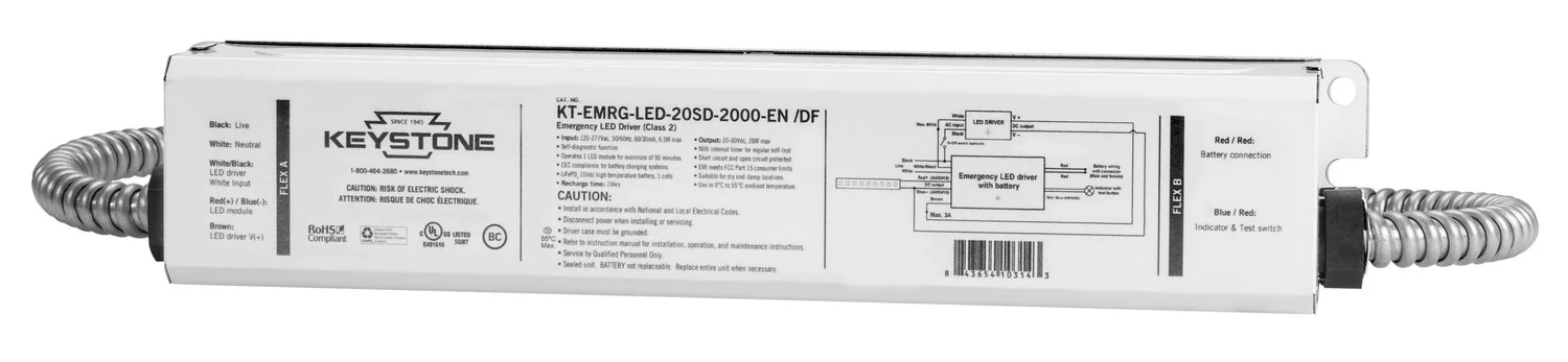 LED Emergency Back-Up, One Piece 20W Constant Wattage Design with Self Diagnositics. Approx 2000 lumens, Dual Flex Cable