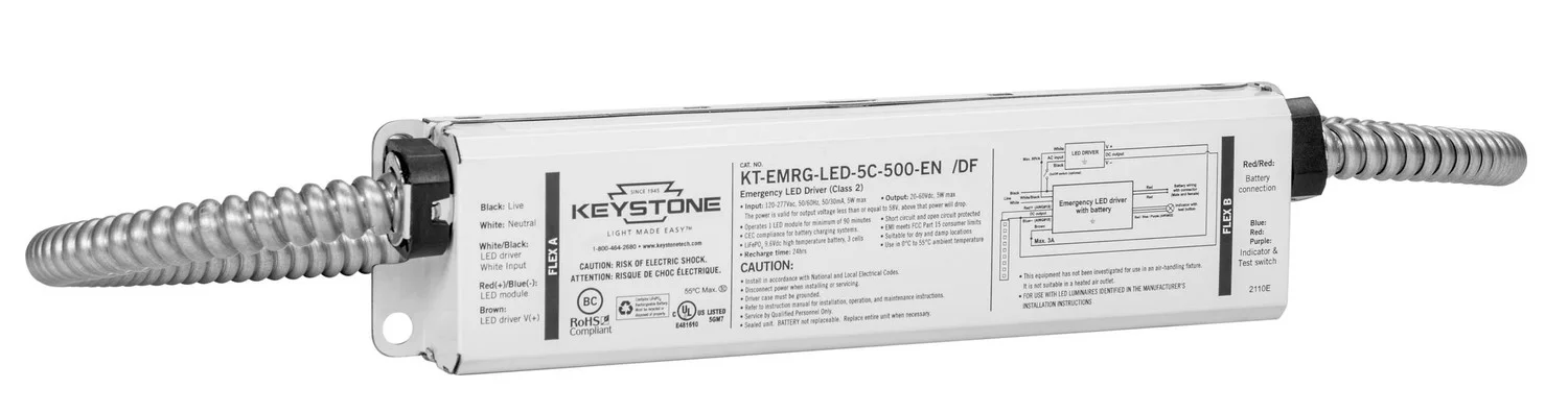 LED Emergency Back-Up, One Piece 5W Constant Wattage Design, Approx 500 Lumens. Dual Flex Cables, 90 Min Operation, 120