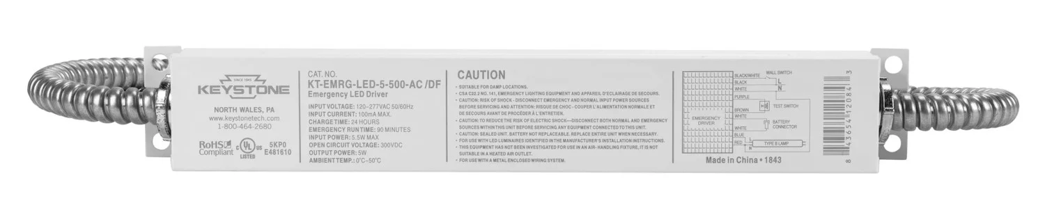LED Emergency Backup, 5W - 500 Lumen Constant Power Design. 120-277V Input. Dual Flex Cable Design. Installs on Primary