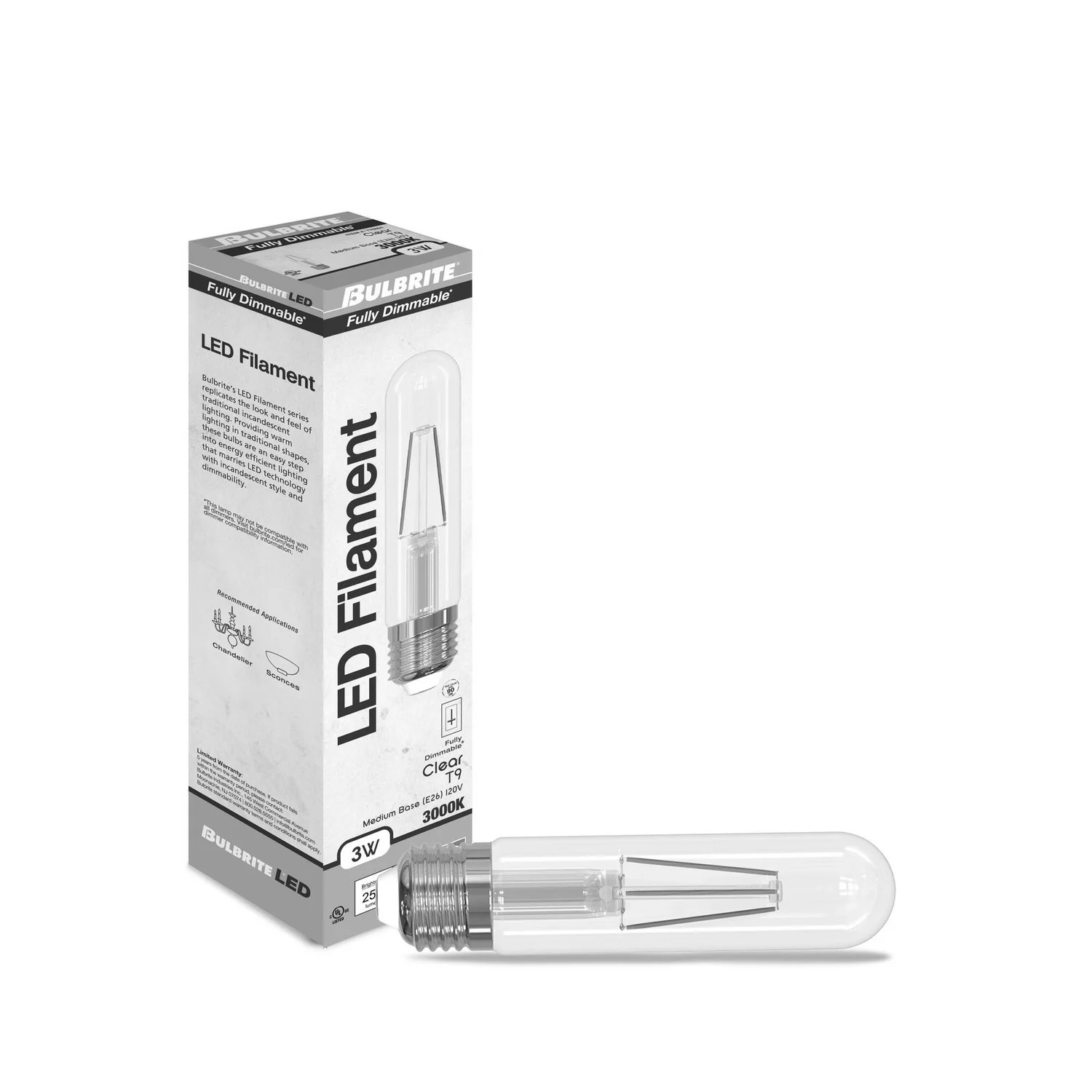 LED Filament 3 W T9 5" Light Bulb With A Clear Finish And A Medium Screw E26 Base - 3000K (Soft White Light) 250 Lumens