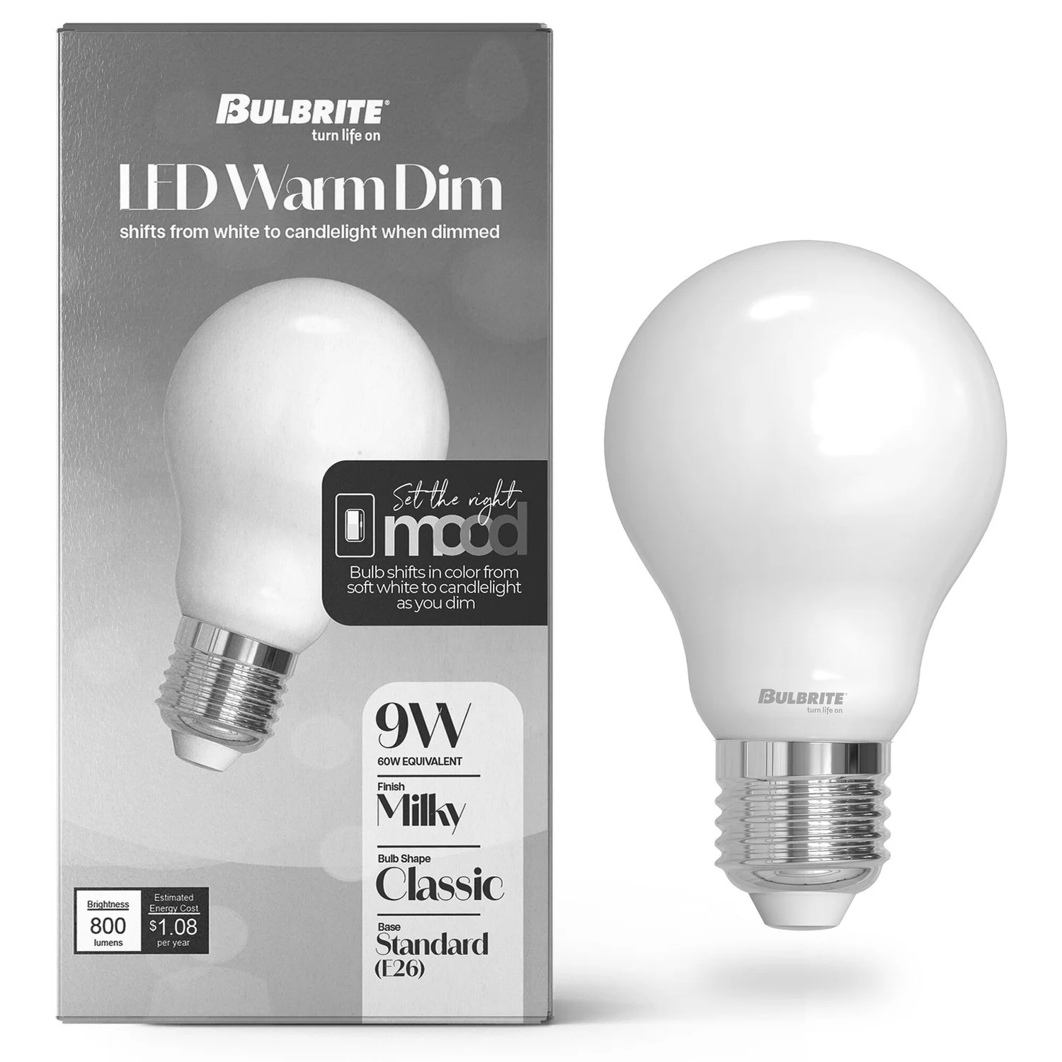 LED Filament 9 W A19 Light Bulb With A Milky Finish And A Medium Screw E26 Base - 3000K-1800K Color ...