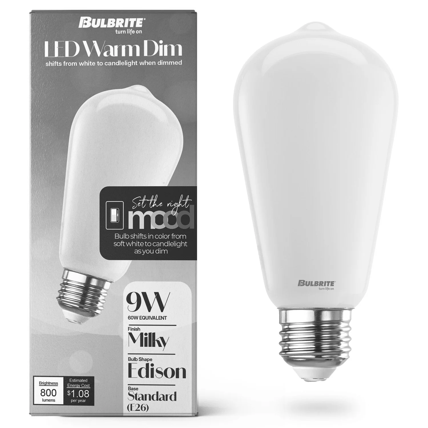 LED Filament 9 W ST18 Light Bulb With A Medium Screw E26 Base - 3000K-1800K Color Temperature, 800 Lumens - view 2