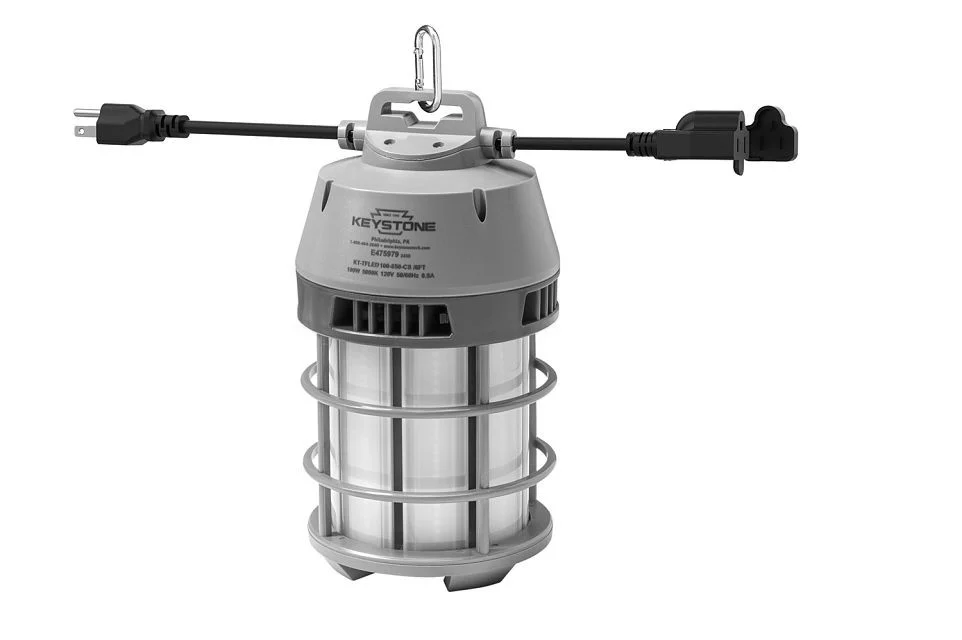 LED temporary jobsite fixture | 100W | 5000K | 12,000 lumens | Diffused lens | Includes 6ft power cord, mounting hook, a