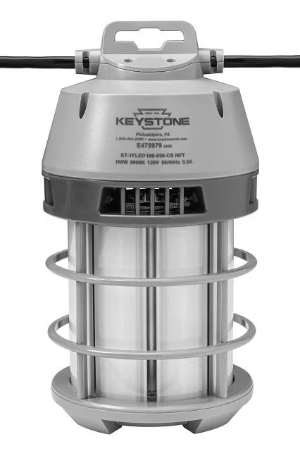 LED temporary jobsite fixture | 100W | 5000K | 12,000 lumens | Diffused lens | Includes 30ft power cord, mounting hook