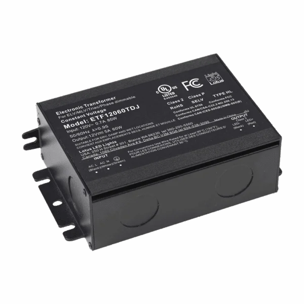 Lotus LED Lights ETF24060TD, 24V DC 60W Dimmable Electronic Transformer in Junction Box, Triac/ELV/MLV Dimmable