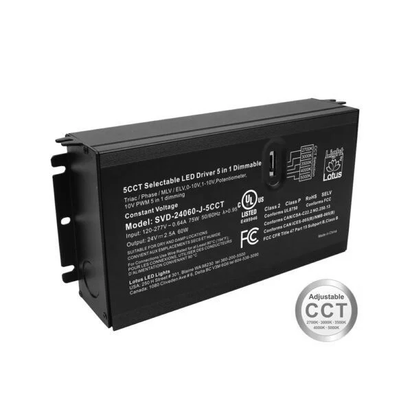 Lotus LED Lights SVD-24060-J-5CCT, 5CCT Selectable, 24V Constant Voltage, 60W, 5-in-1 Dimmable Driver