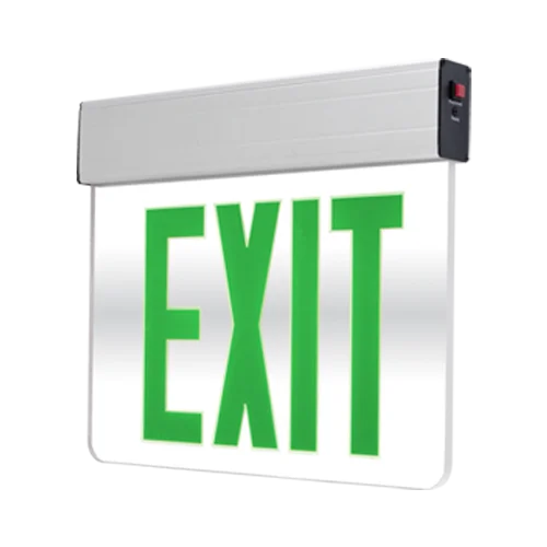Mirror Edge-Lit Exit Sign, Emergency Battery Back-up, Double Face, Green Letters, Aluminum Housing