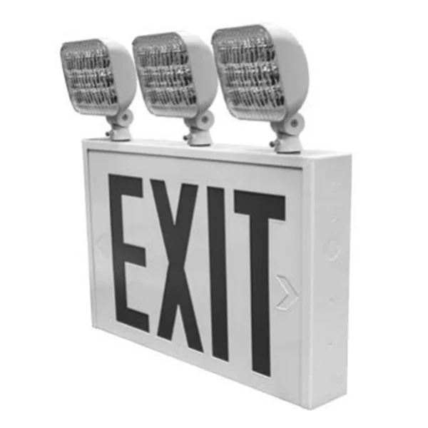 New York City Approved LED Exit & Emergency Combo, 3 Heads, Red Lettering, White Housing