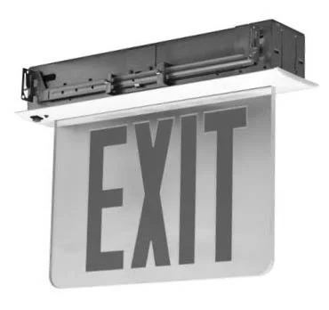 Recessed Aluminum LED Edgelit Exit Sign, Double Face, Red Letters, Clear Panel, Black Trim, Battery Backup