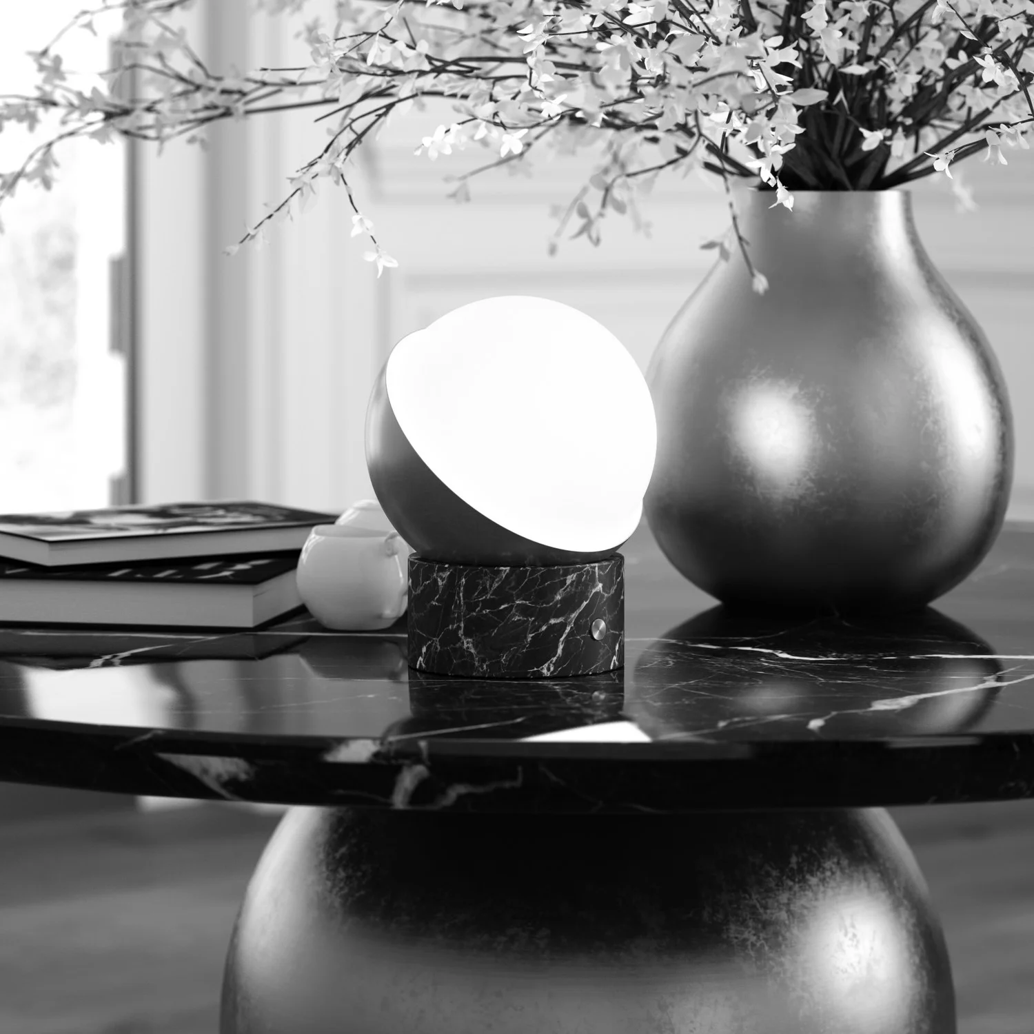 Orb Rechargeable Cordless LED Table Lamp, 3-Levels Brightness Touch Sensor Control, Black Marble / B...