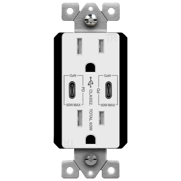 Power Delivery Dual Type-C USB Charger Receptacle, 60W Max, White