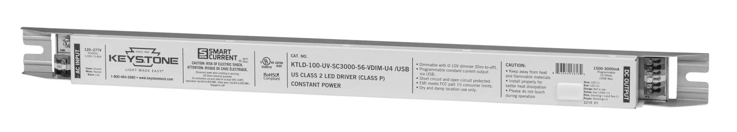 Programmable Constant Current LED Driver, 100W, 1500-3000mA Output, 120-277V Input, 0-10V Dimming, Programmable via Smar