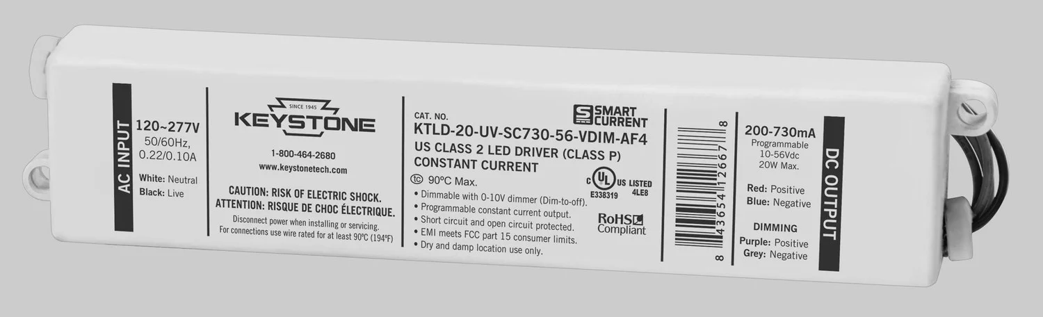 Programmable Constant Current LED Driver, 20W, 200-730mA Output, 120-277V Input, 0-10V Dimming, Programmable via Smart C