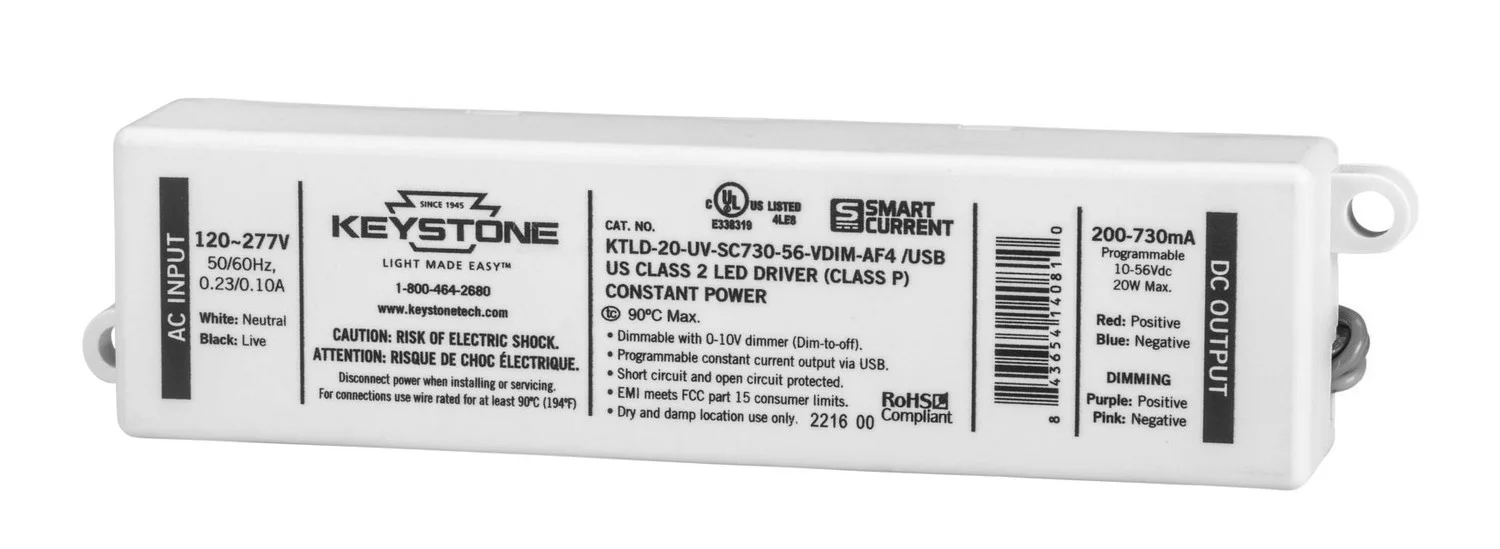Programmable Constant Current LED Driver, 20W, 200-730mA Output, 120-277V Input, 0-10V Dimming, Prog...