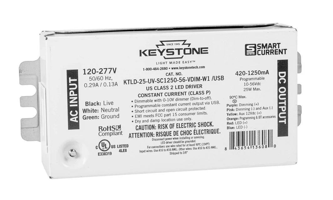 Programmable Constant Current LED Driver, 25W, 420-1250mA Output, 120-277V Input, 0-10V Dimming, Pro...