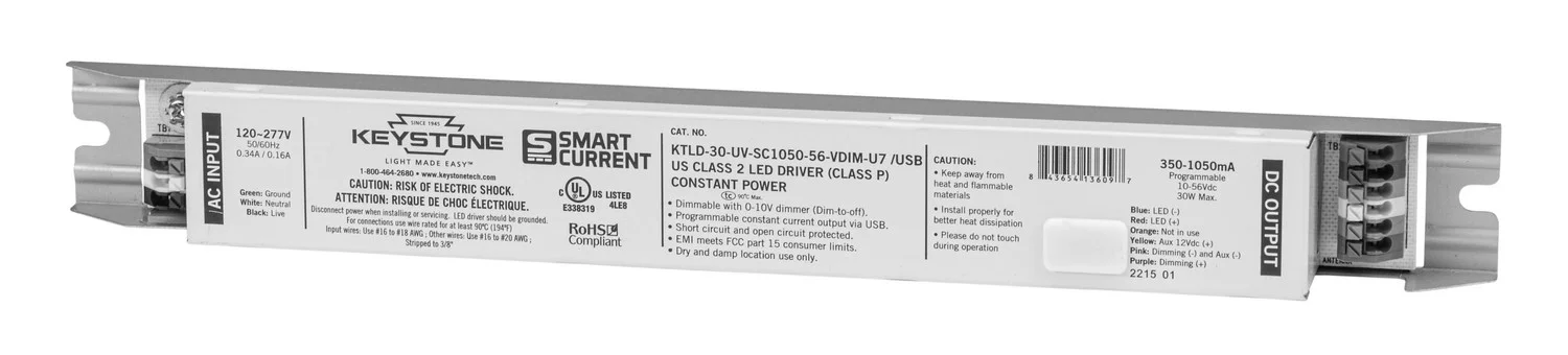 Programmable Constant Current LED Driver, 30W, 350-1050mA Output, 120-277V Input, 0-10V Dimming, Programmable via Smart