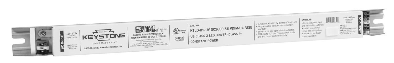Programmable Constant Current LED Driver, 85W, 860-2600mA Output, 120-277V Input, 0-10V Dimming, Programmable via Smart