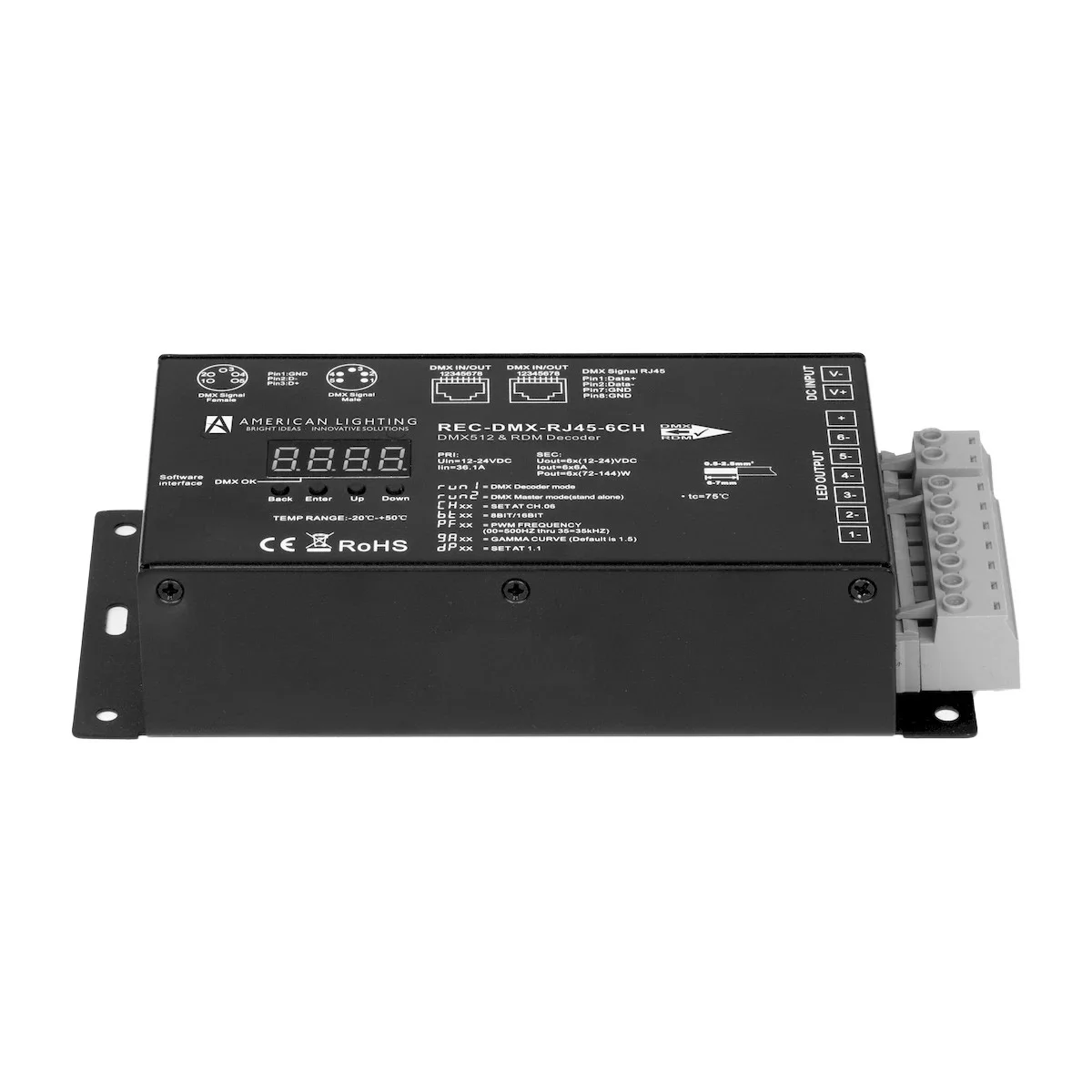 Proluxe 6CH DMX Decoder, RJ45/XLR5/Direct Wire, 12-24VDC, 6x6A Output, Black