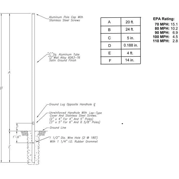 Square Direct Burial Aluminum Light Pole, 20' Above Grade, 5" Square, 0.188" Wall Thickness, 4' Embedment - view 2