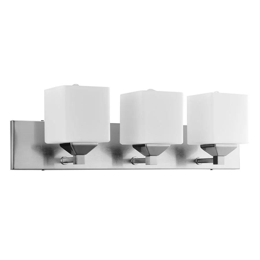 Square Glass Vanity Fixture, 3-Light, E26 Base, Brushed Nickel, Frosted White Glass
