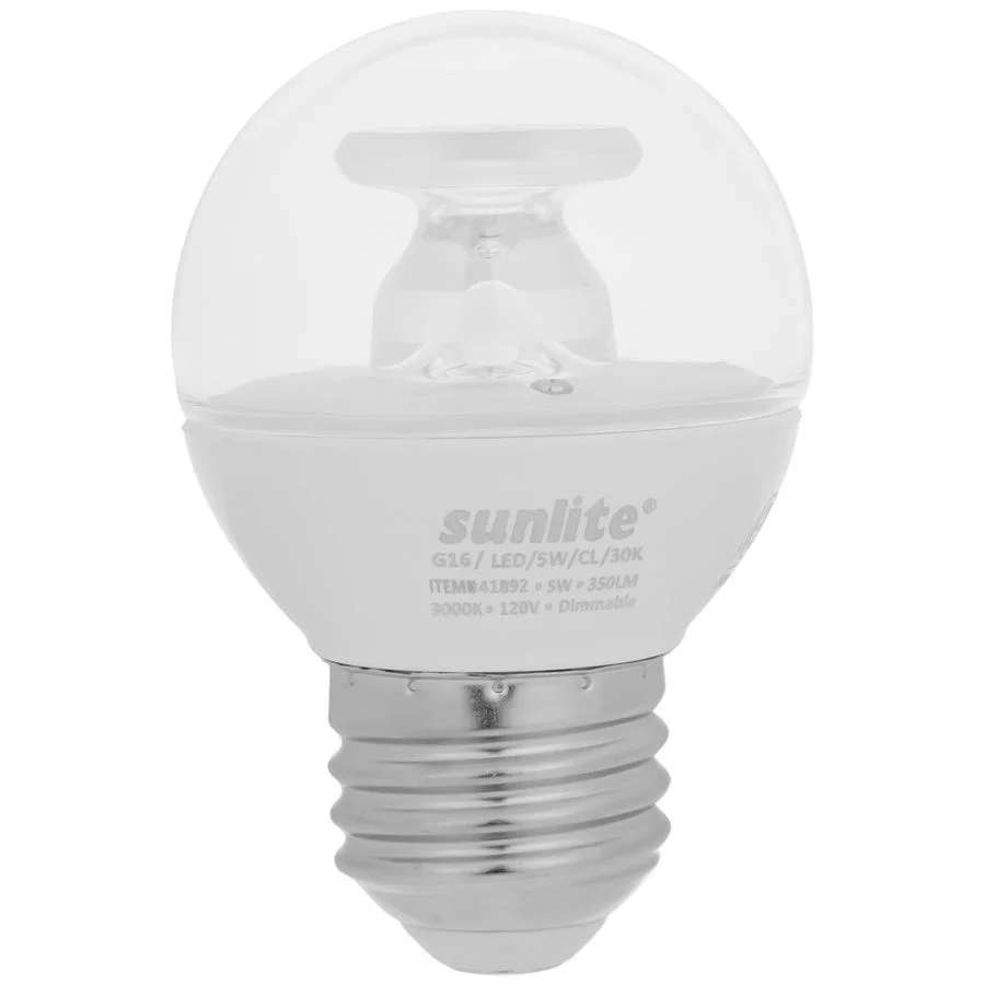 Sunlite G16 LED Globe Bulb, 5W, 3000K, Clear Finish, E26 Medium Base, Dimmable, 120V, 6-Pack