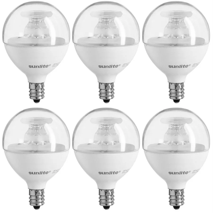 Sunlite LED G16.5 Globe Light Bulb, 5W, 350 Lumens, 2700K, Dimmable, E12 Candelabra Base, Clear Finish, 120V, 6-Pack