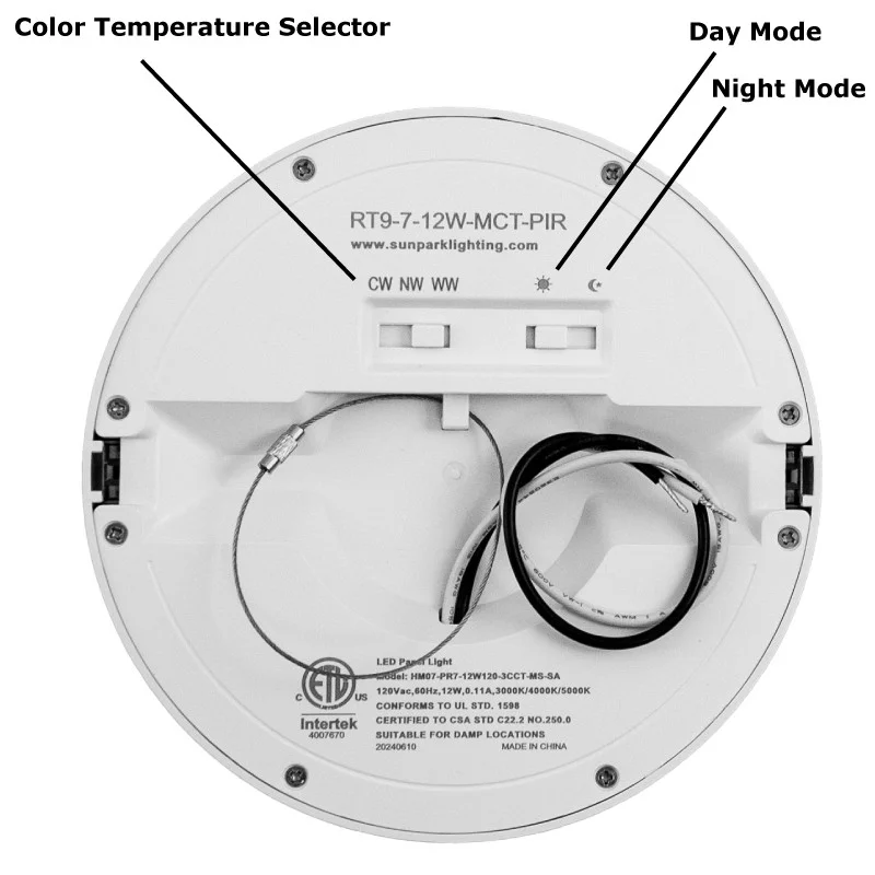 Sunpark Electronics RT9 LED Disk Light, 7", 12W, 120V, 3000K/4000K/5000K, PIR Sensor, White Finish, ...