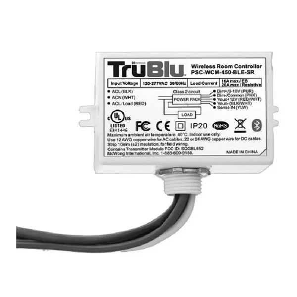TruBlu Mesh Single Channel Wireless Room Controller with Integral Relay, 120-277V, 0-10V, Bluetooth NLC Certified