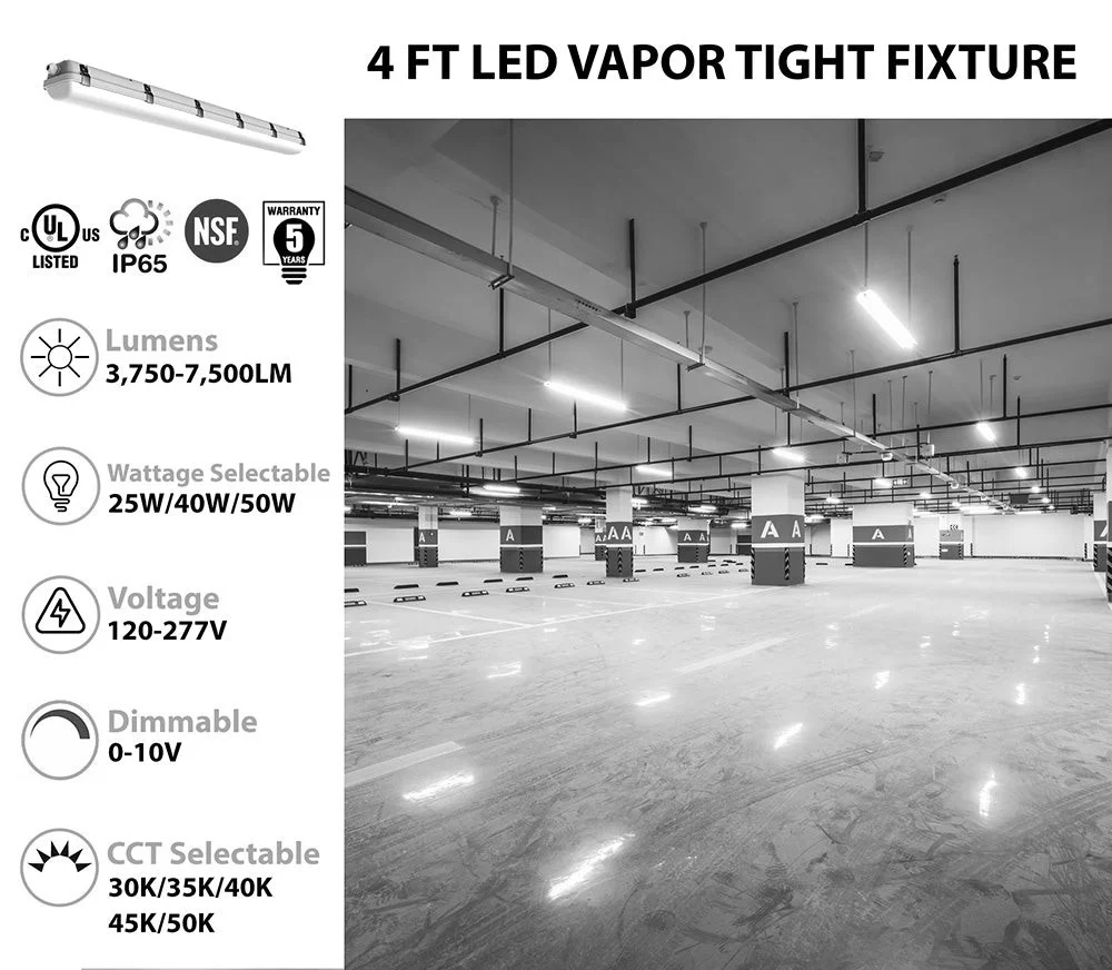 WareLight Vapor Tight LED Fixture, 4', 25/40/50W Selectable, 30/35/40/45/50K Selectable, 0-10V Dimma...