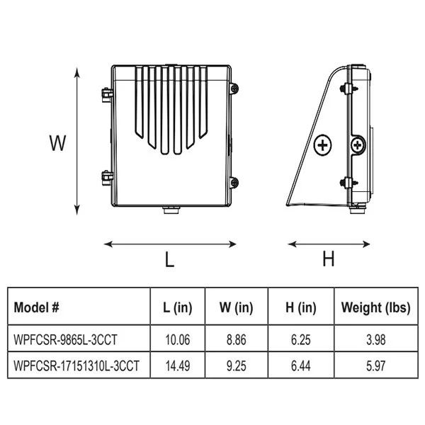 WPFCSR-9865L-3CCT Full Cutoff Wall Pack, 10.06" x 8.86" x 6.25", 3CCT, 4,815-9,010lm, 30-60W, 120-27...